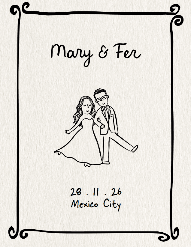 Ilustracion original de Mary y Fer en la invitacion